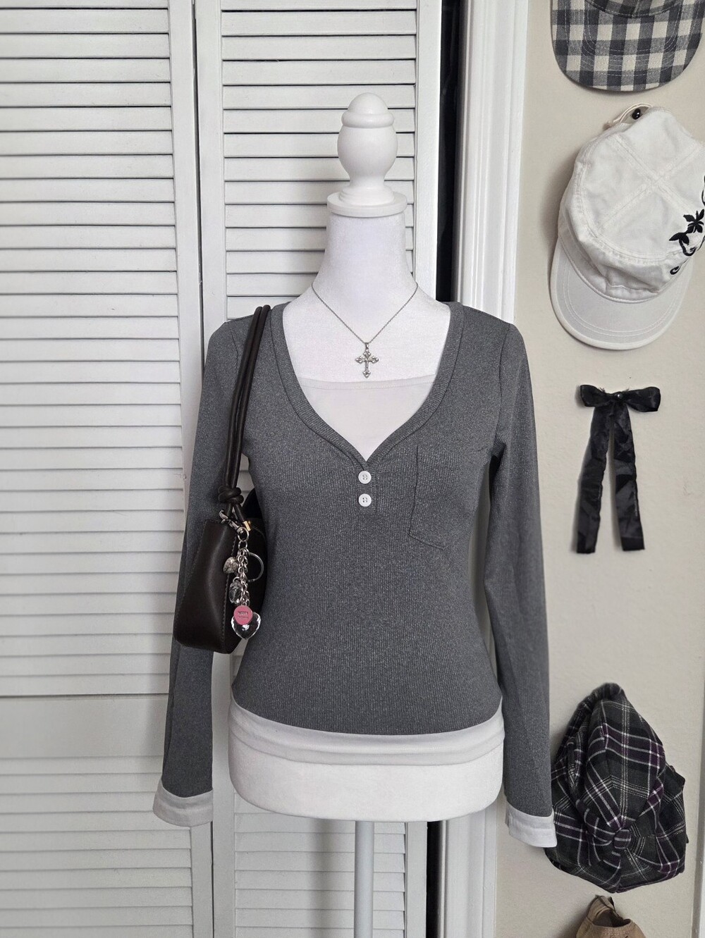 Grey long sleeve button up top with white trim